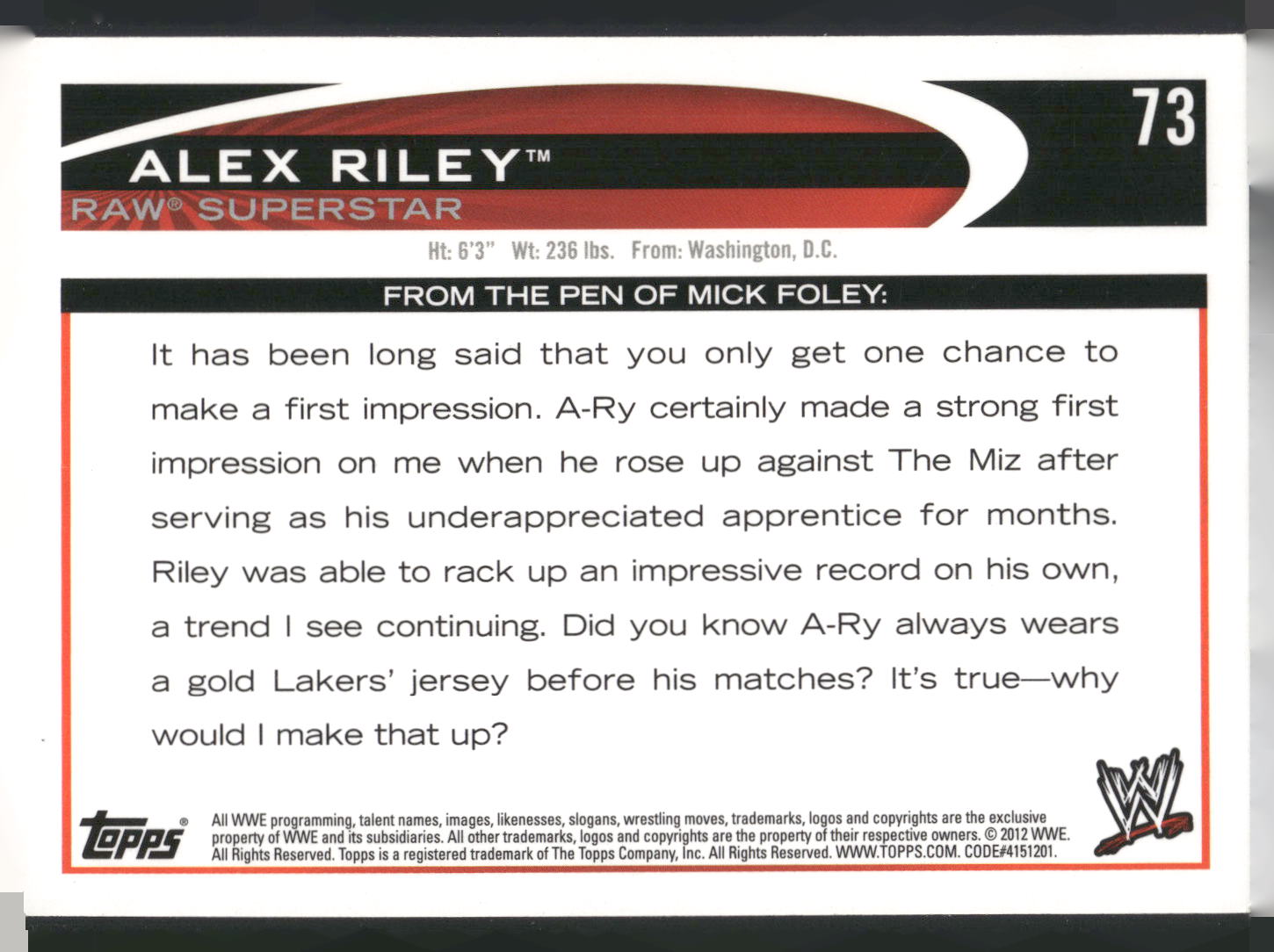 2012 Topps WWE #73 Alex Riley