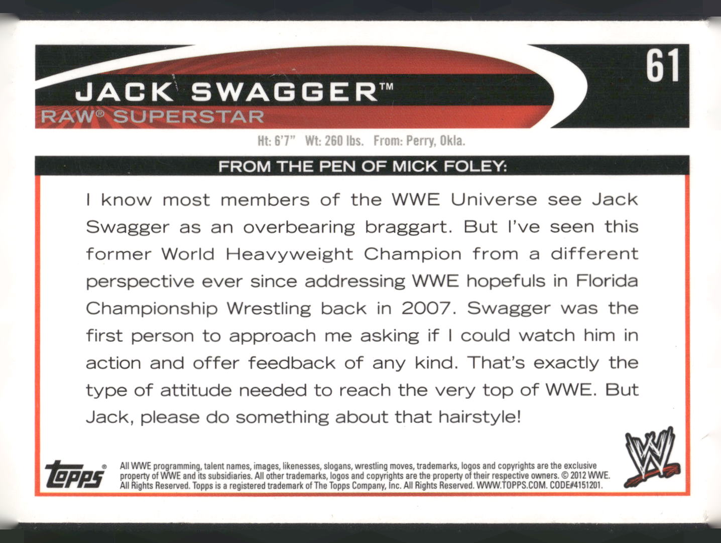 2012 Topps WWE #61 Jack Swagger