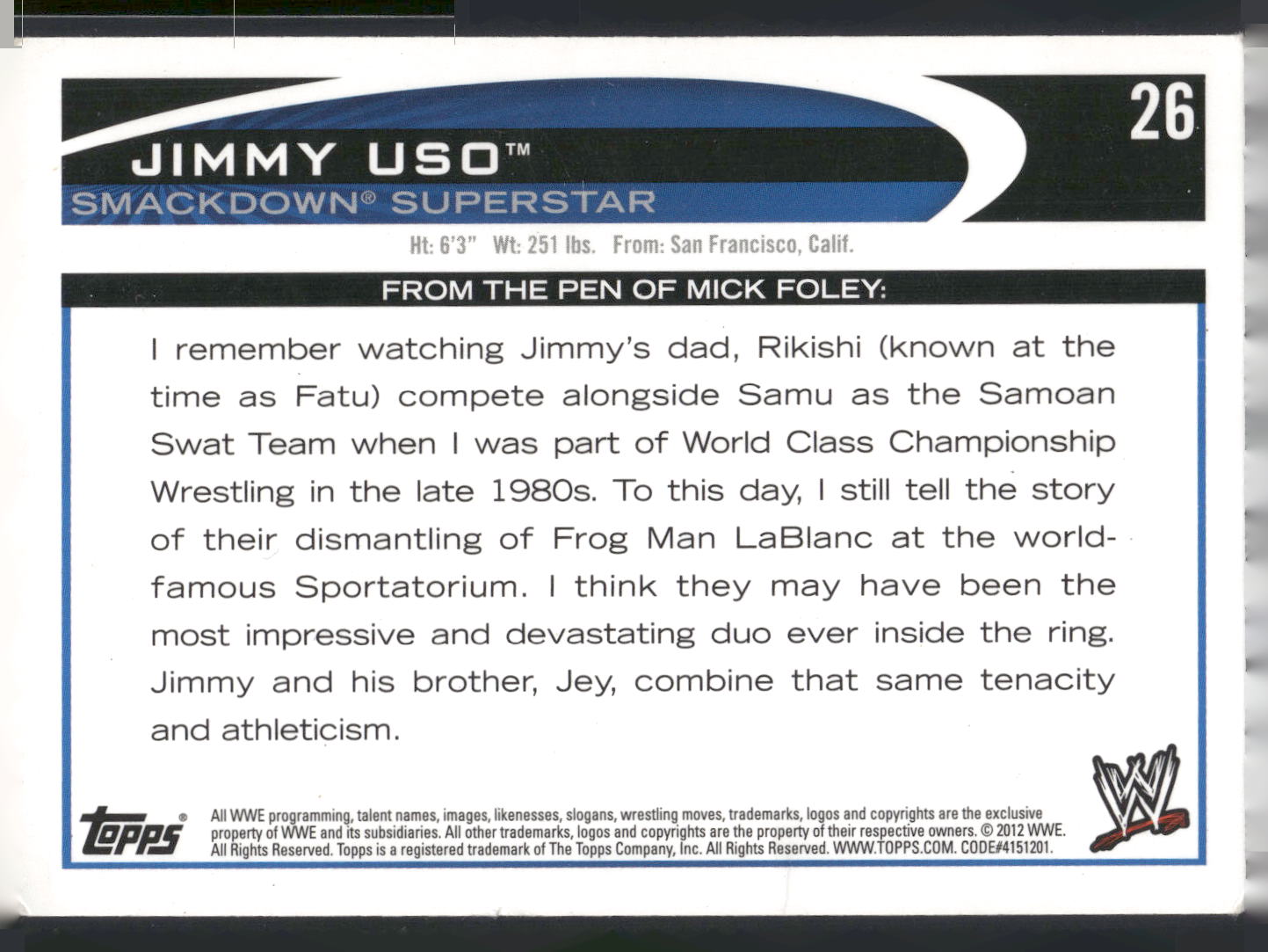 2012 Topps WWE #26 Jimmy Uso