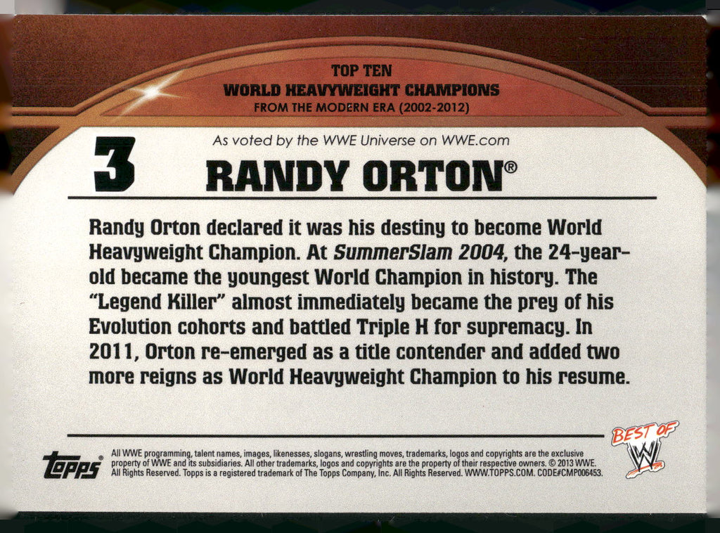 2013 Topps Best of WWE #3 Randy Orton Top 10 World Heavyweight Champions