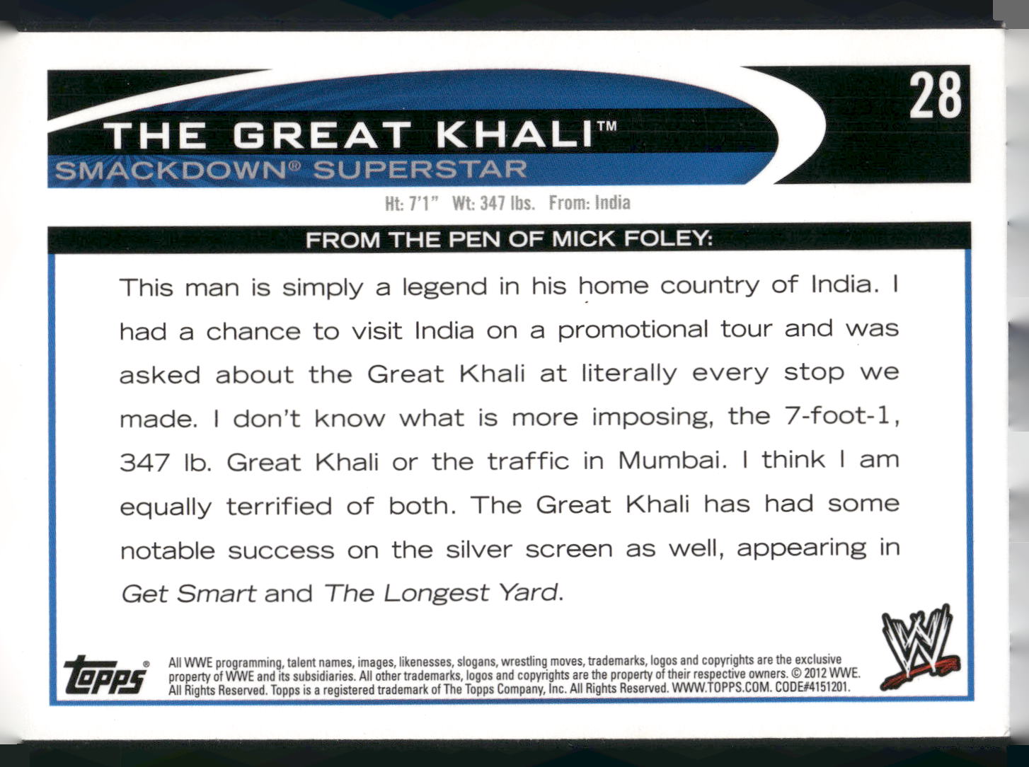 2012 Topps WWE #28 The Great Khali