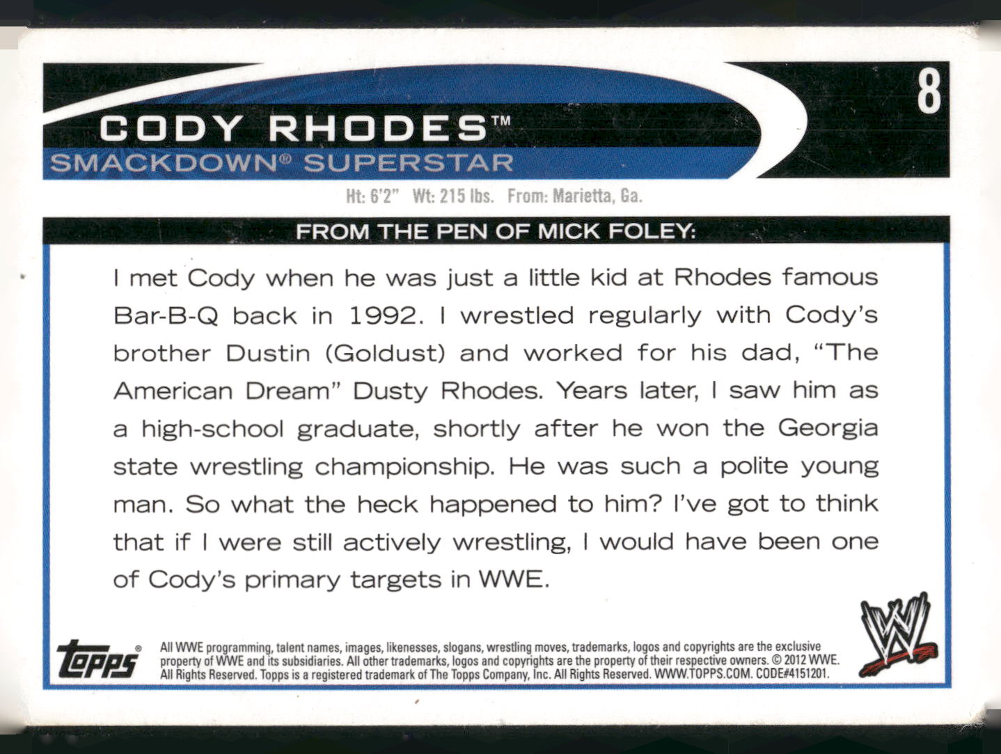 2012 Topps WWE #8 Cody Rhodes