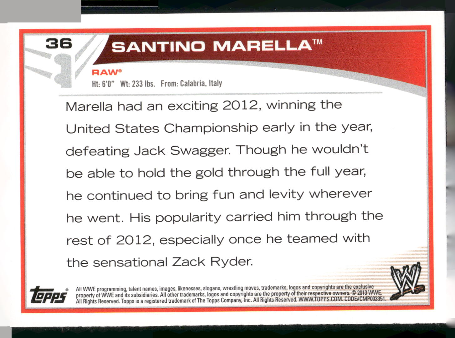 2013 Topps WWE #36 Santino Marella