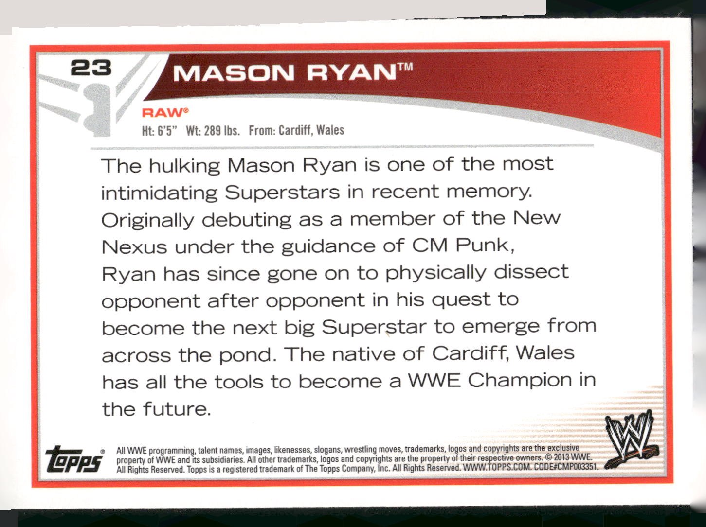 2013 Topps WWE #23 Mason Ryan