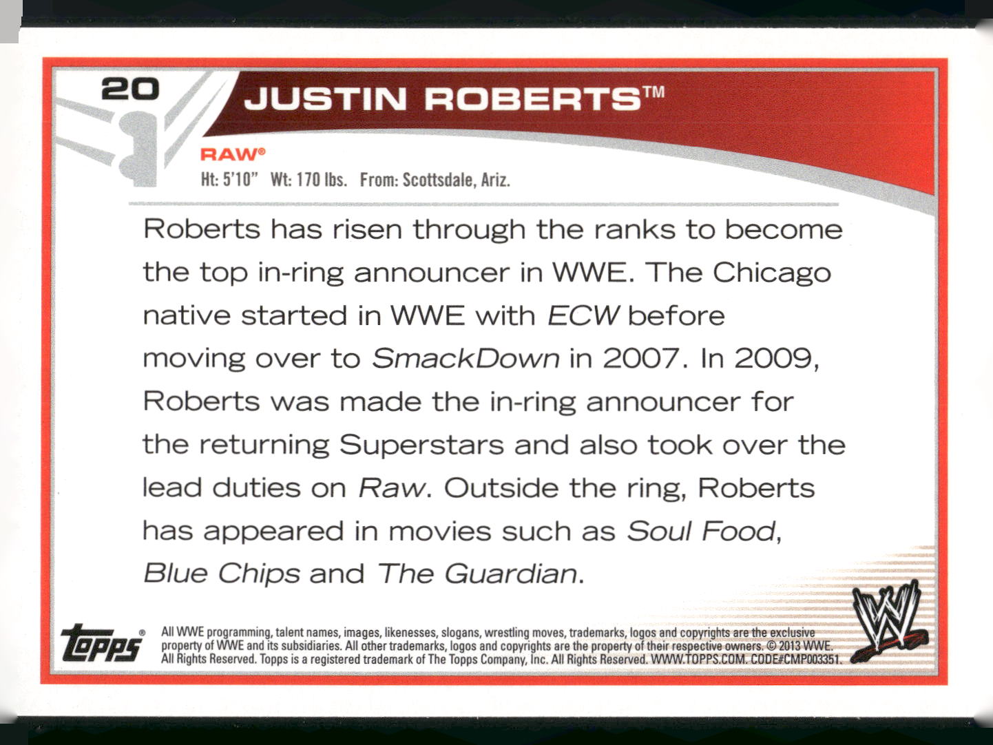 2013 Topps WWE #20 Justin Roberts