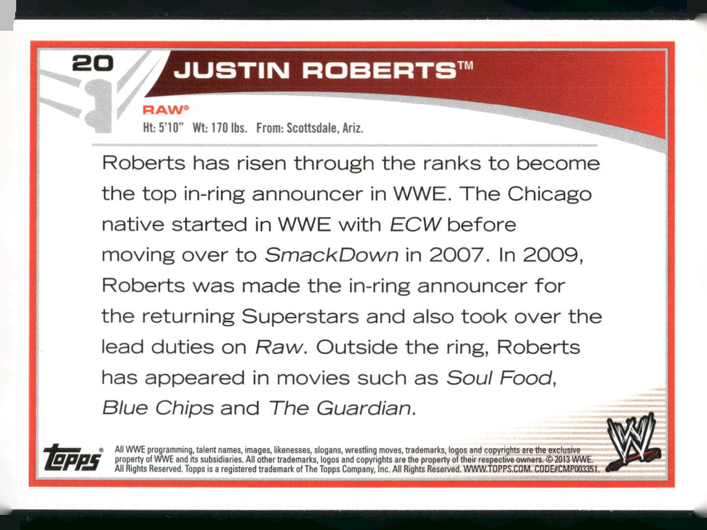 2013 Topps WWE #20 Justin Roberts