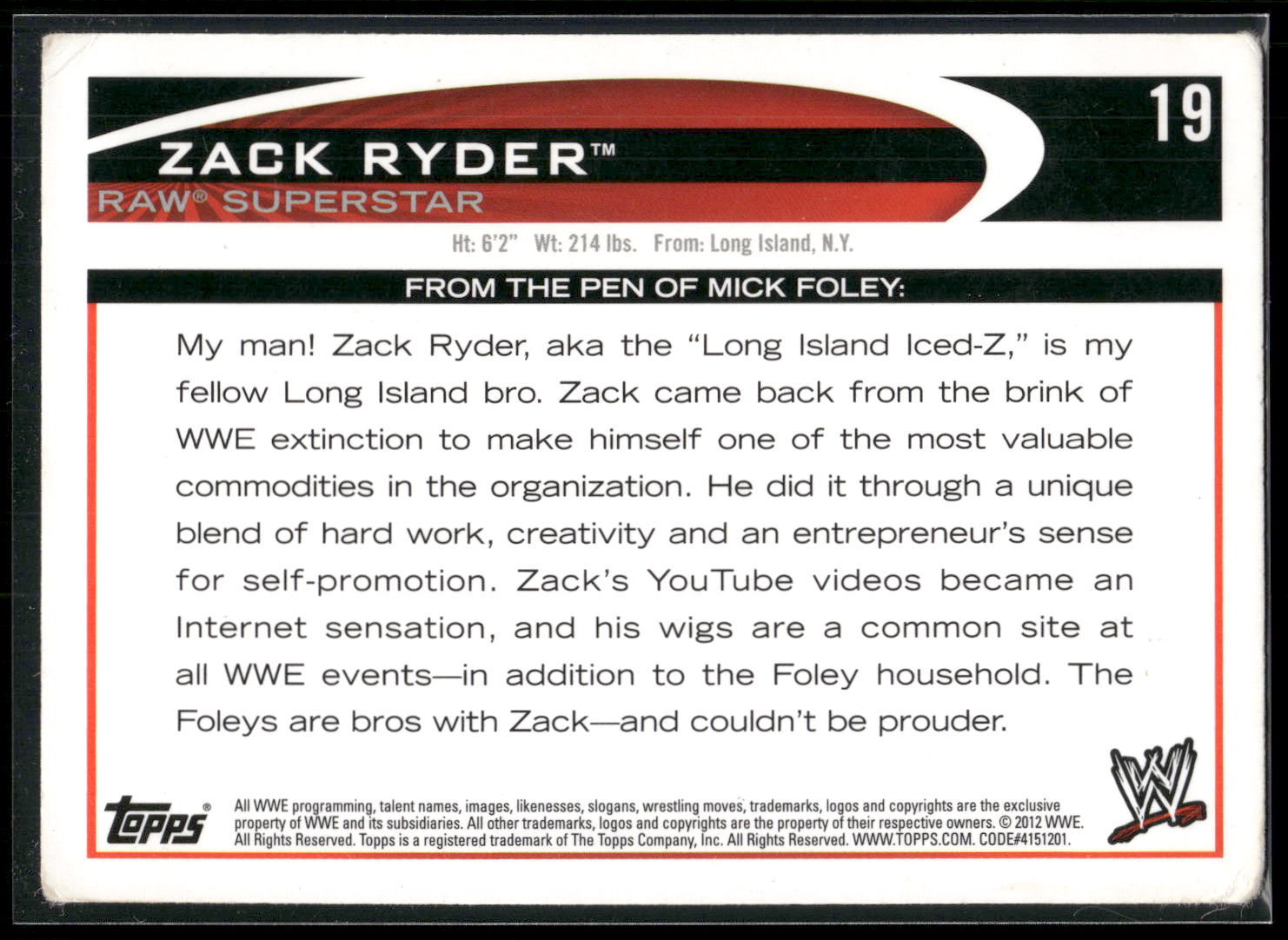 2012 Topps WWE #19 Zack Ryder