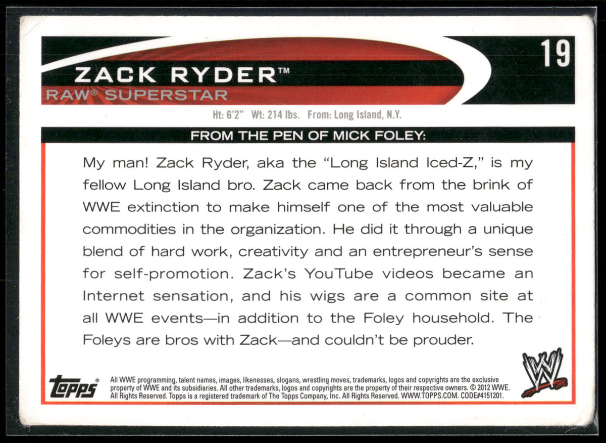 2012 Topps WWE #19 Zack Ryder