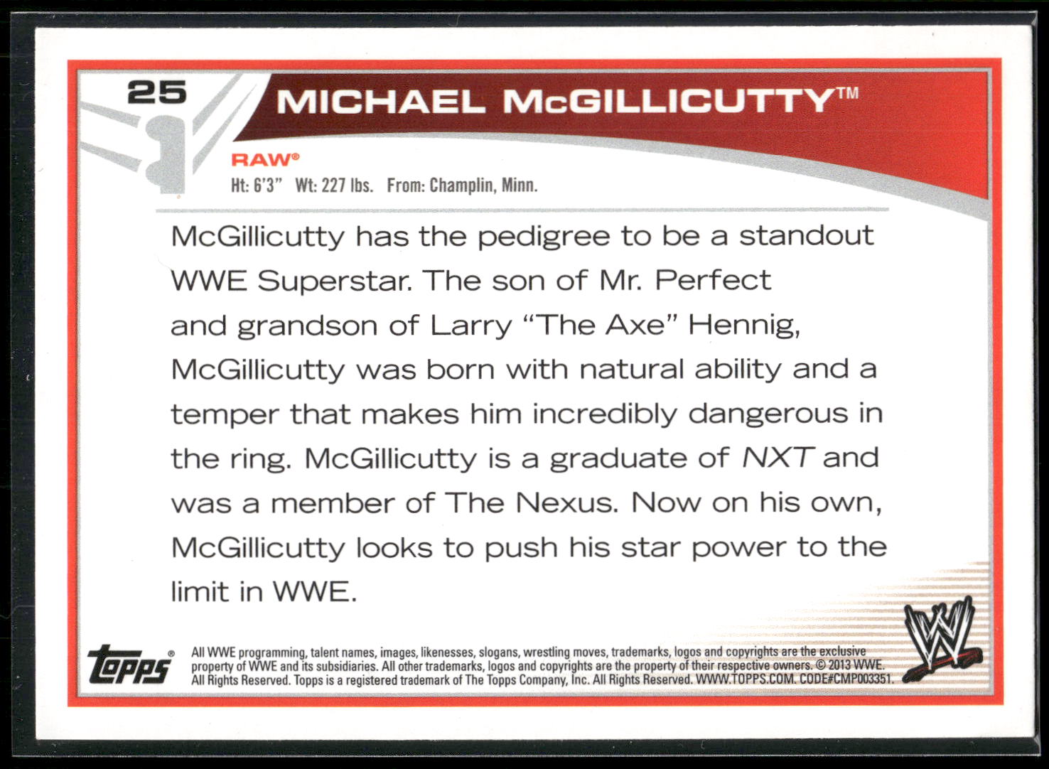 2013 Topps WWE #25 Michael McGillicutty