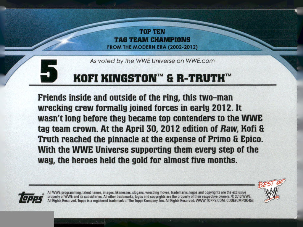 2013 Topps Best of WWE #5 Kofi Kingston / R-Truth Top 10 Tag Team Champions