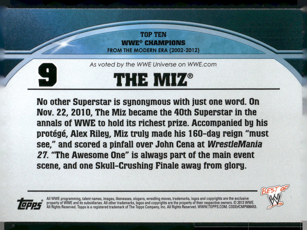 2013 Topps Best of WWE #9 The Miz Top 10 WWE Champions