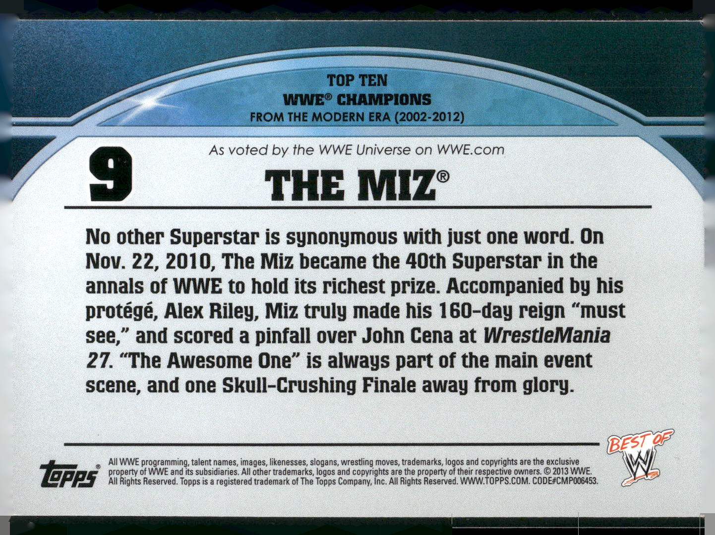 2013 Topps Best of WWE #9 The Miz Top 10 WWE Champions