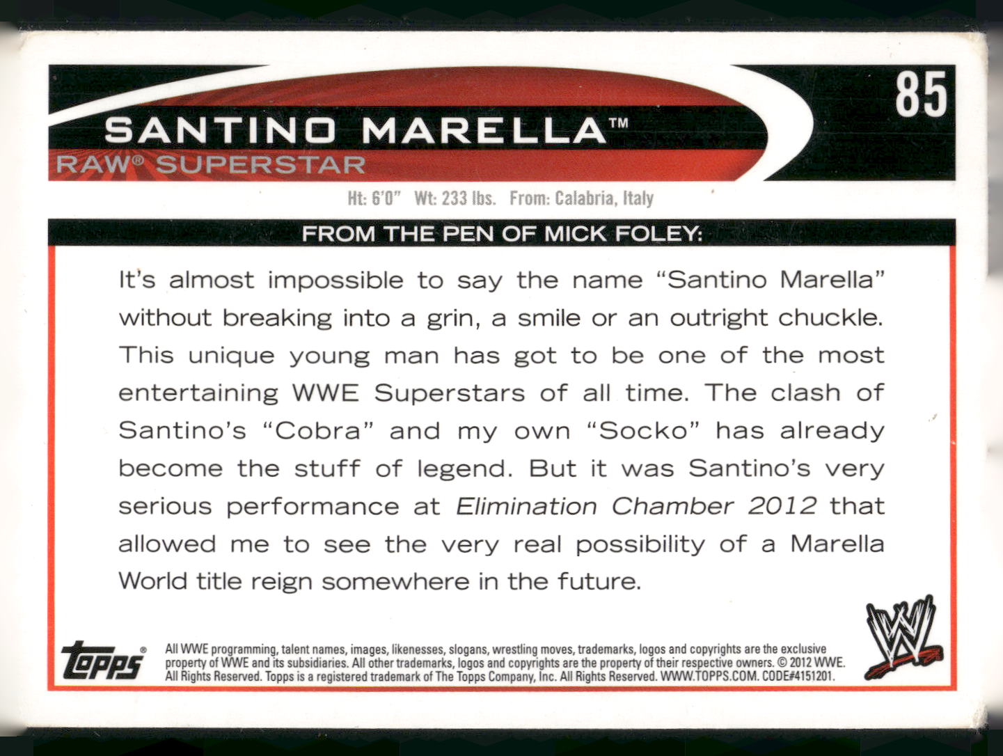 2012 Topps WWE #85 Santino Marella