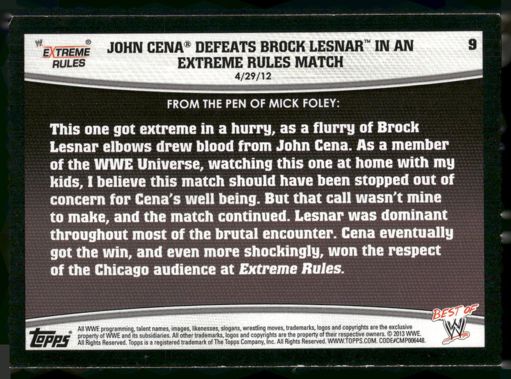 2013 Topps Best of WWE #9 John Cena Defeats Brock Lesnar