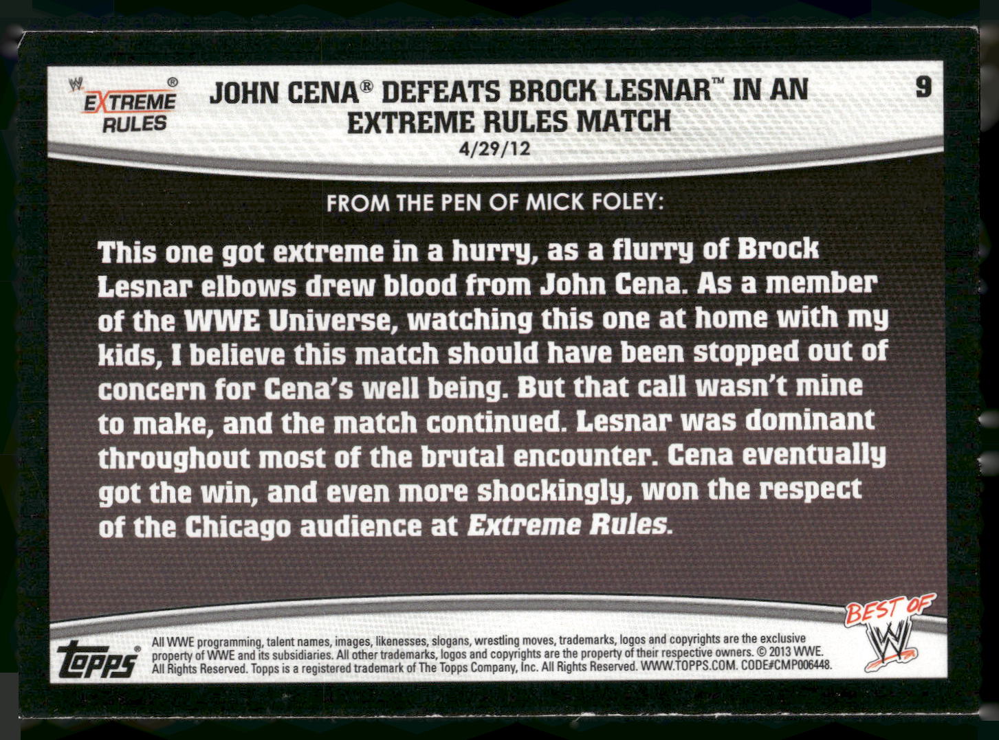 2013 Topps Best of WWE #9 John Cena Defeats Brock Lesnar
