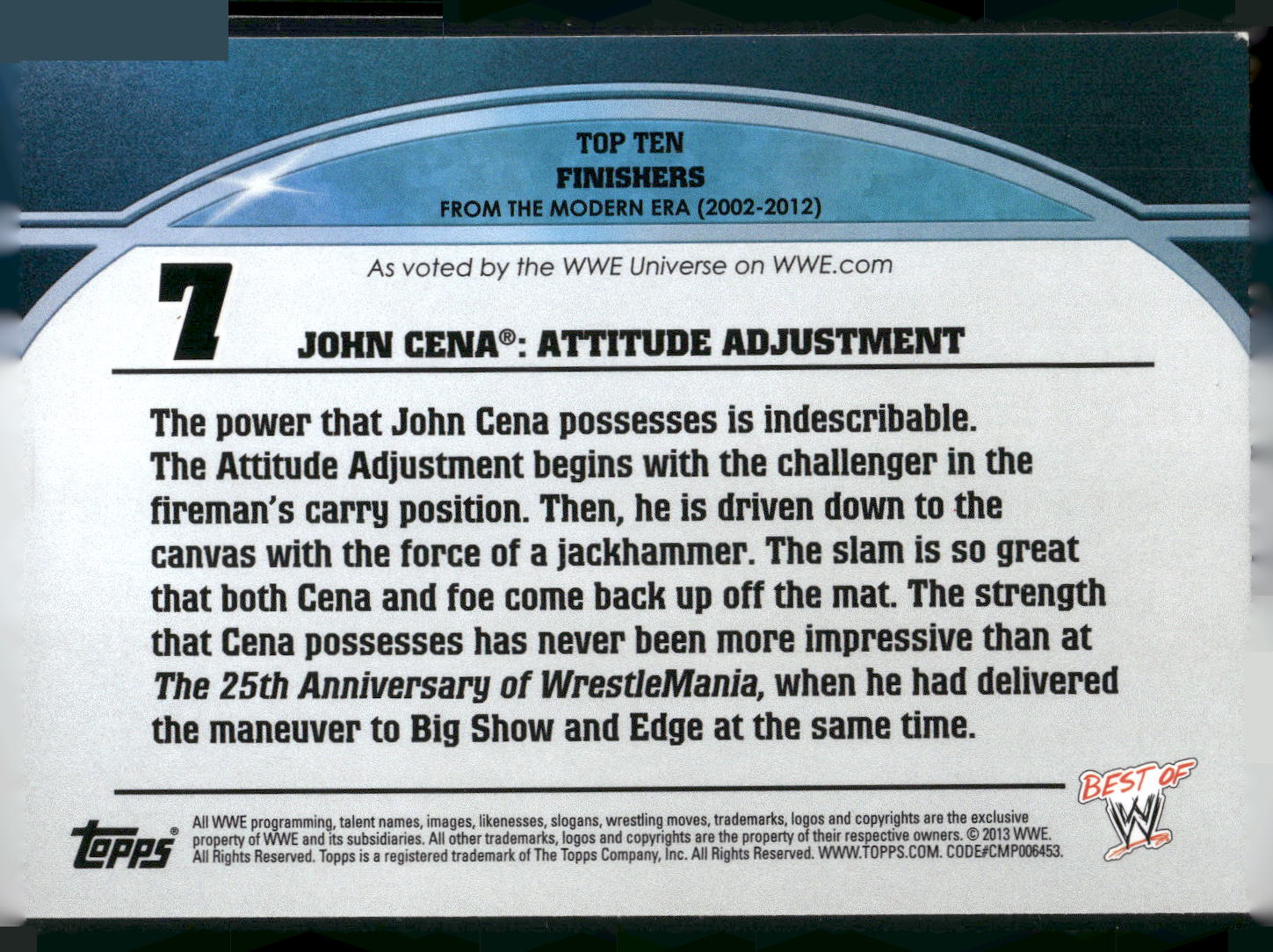 2013 Topps Best of WWE #7 John Cena: Attitude Adjustment Top 10 Finishers