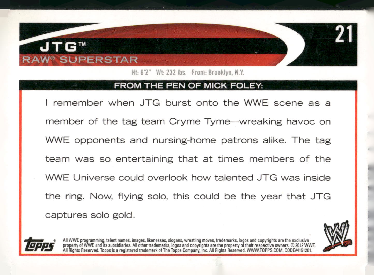 2012 Topps WWE #21 JTG