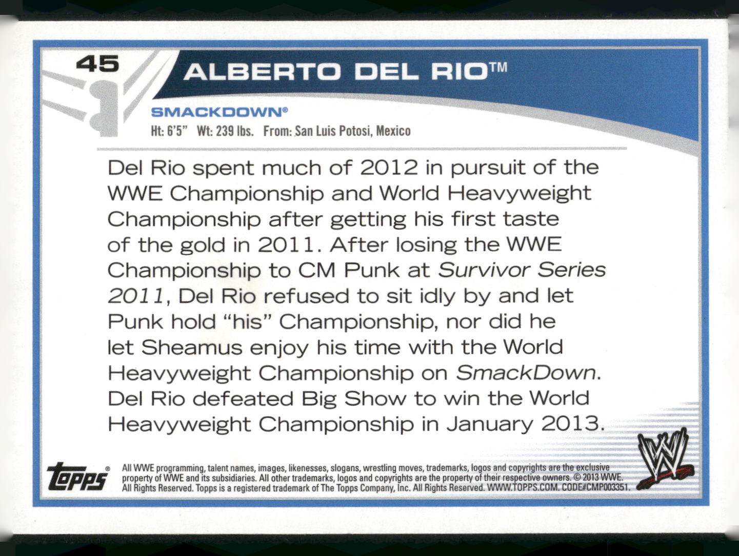 2013 Topps WWE #45 Alberto Del Rio