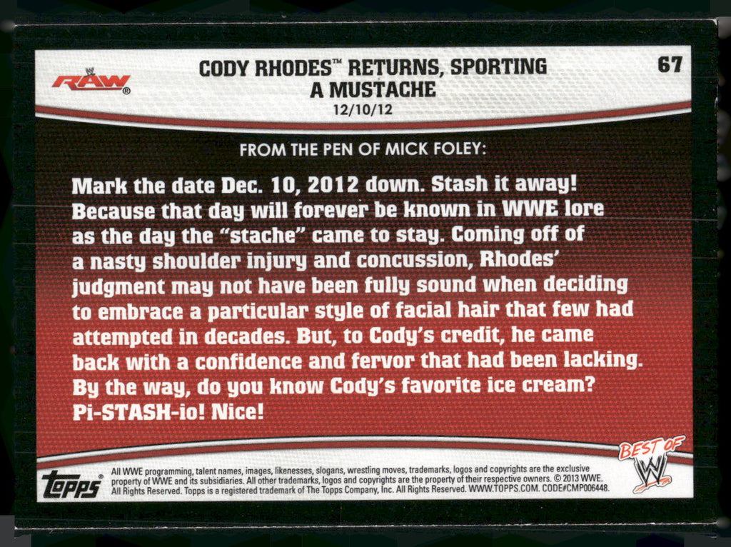 2013 Topps Best of WWE #67 Cody Rhodes Returns