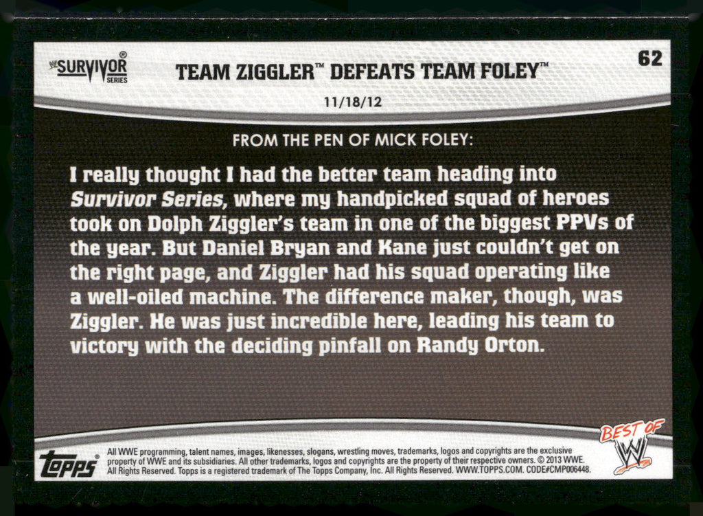 2013 Topps Best of WWE #62 Team Ziggler Defeats Team Foley