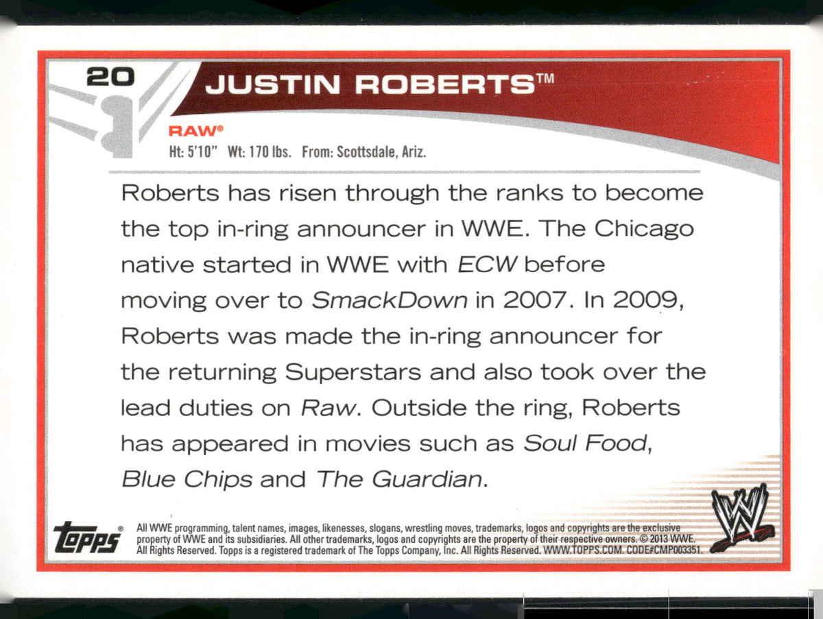 2013 Topps WWE #20 Justin Roberts