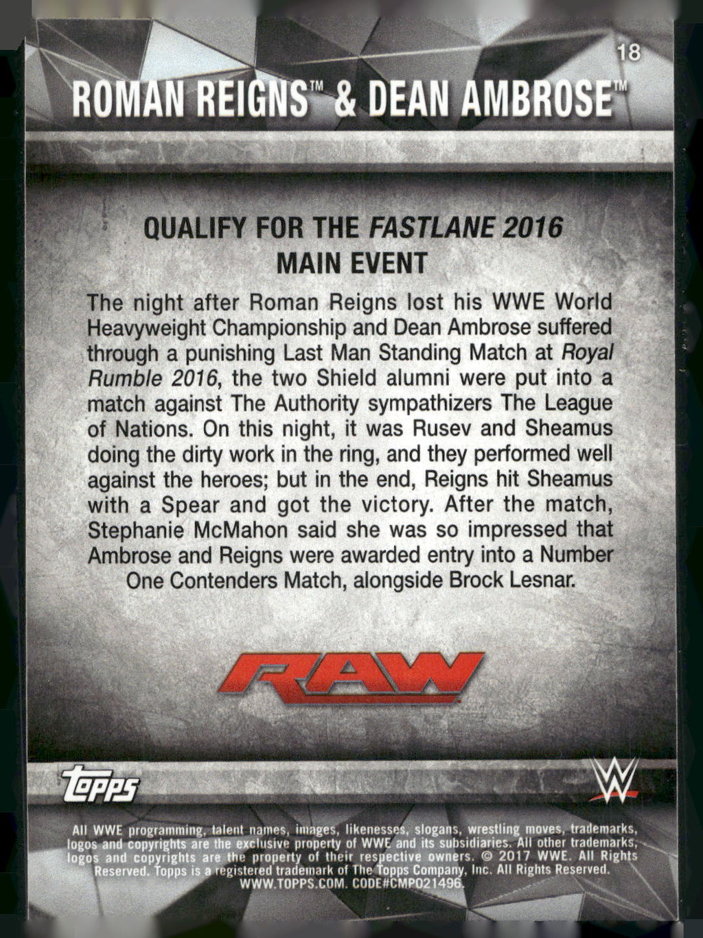 2017 Topps WWE Road To Wrestlemania #18 Roman Reigns / Dean Ambrose