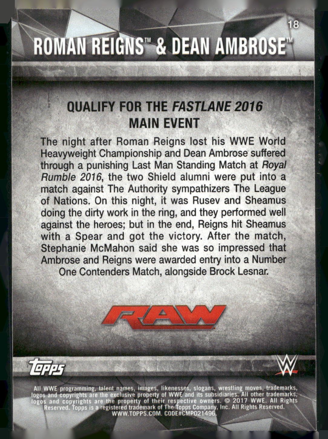 2017 Topps WWE Road To Wrestlemania #18 Roman Reigns / Dean Ambrose