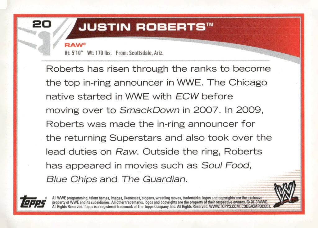 2013 Topps WWE #20 Justin Roberts