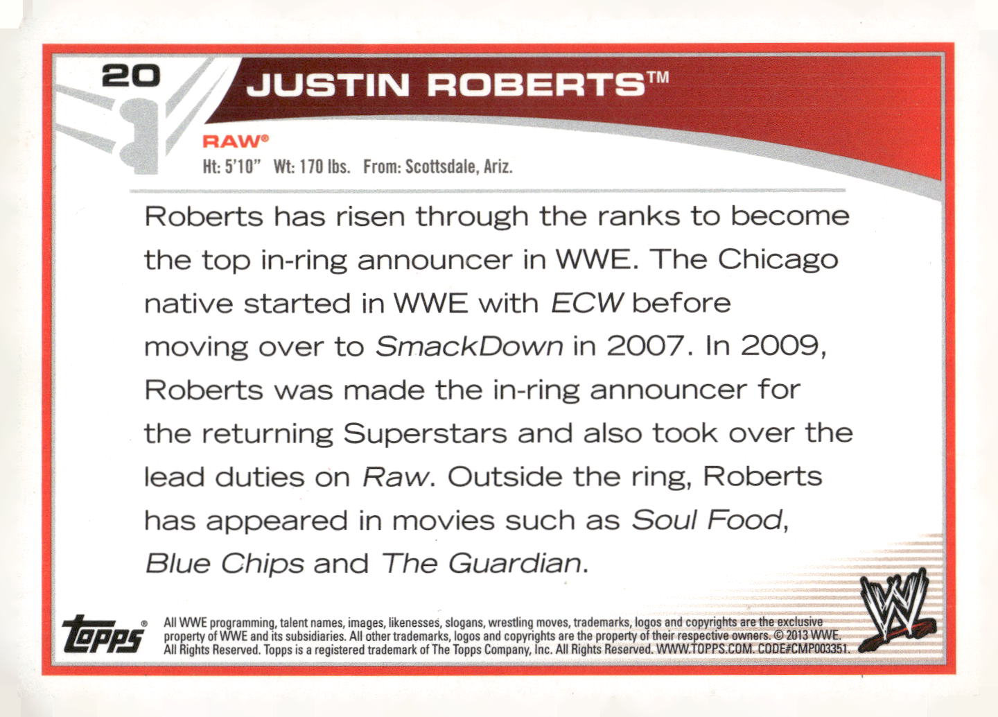 2013 Topps WWE #20 Justin Roberts