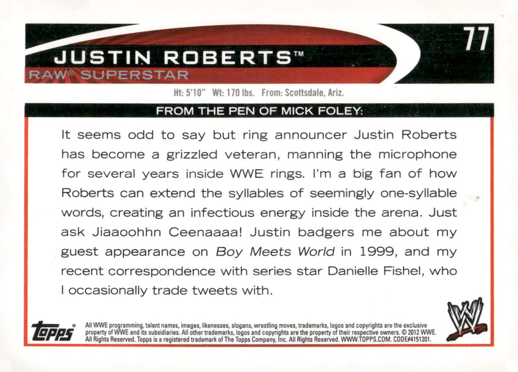 2012 Topps WWE #77 Justin Roberts