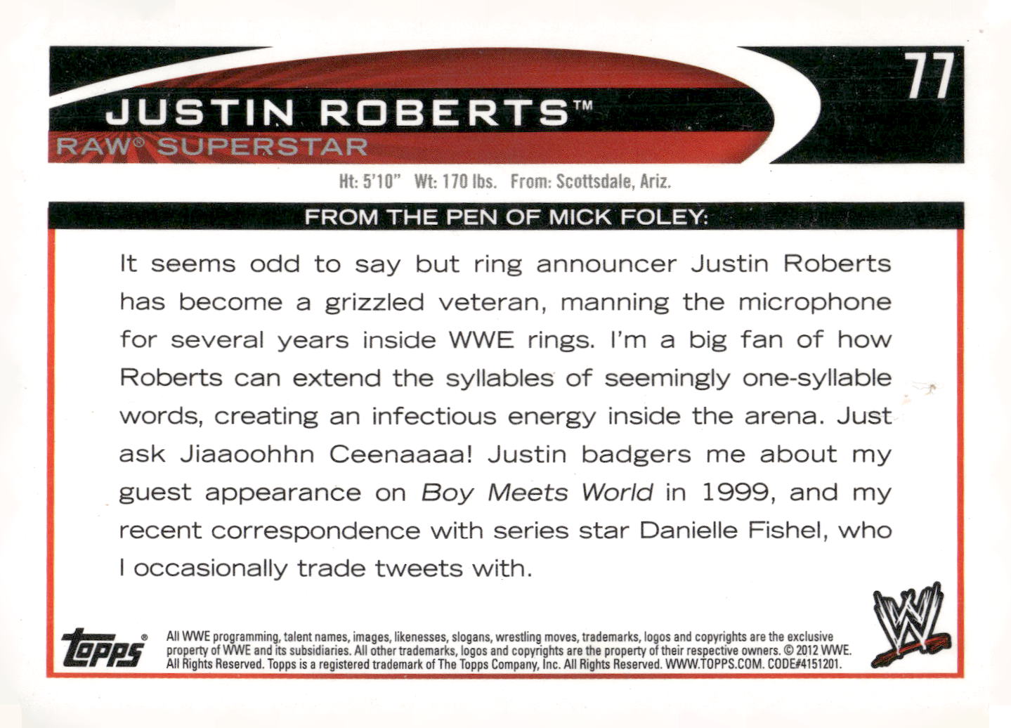 2012 Topps WWE #77 Justin Roberts