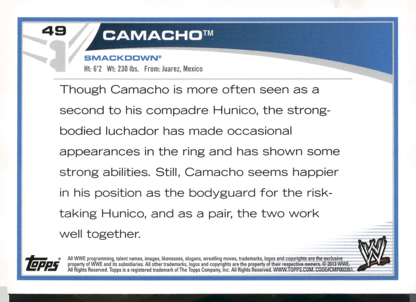 2013 Topps WWE #49 Camacho