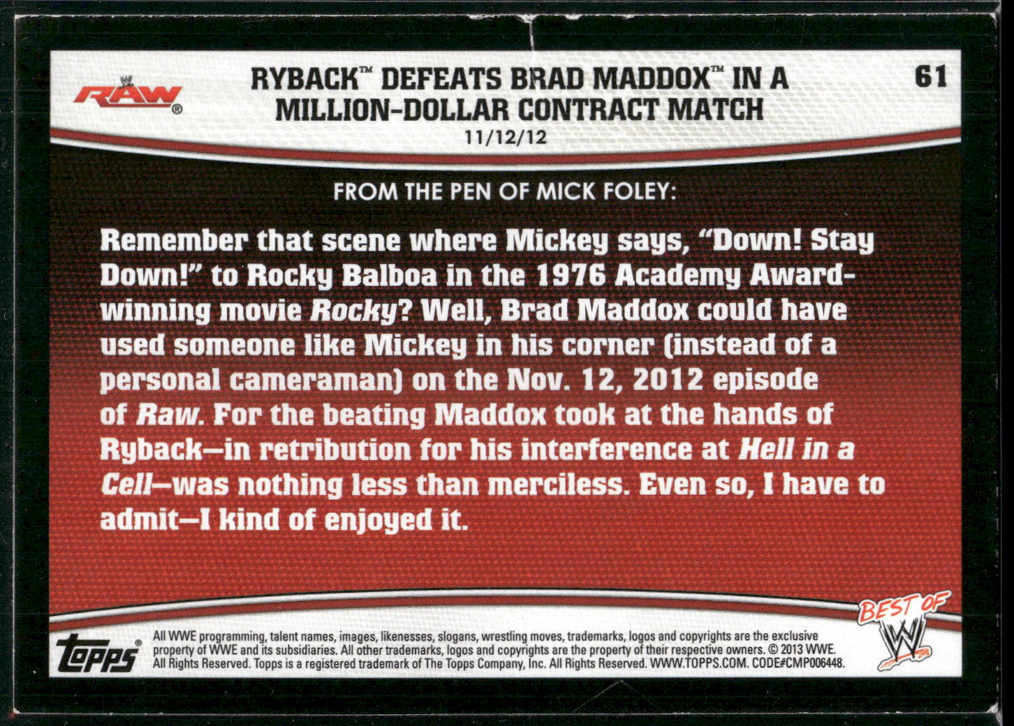 2013 Topps Best of WWE #61 Ryback Defeats Brad Maddox