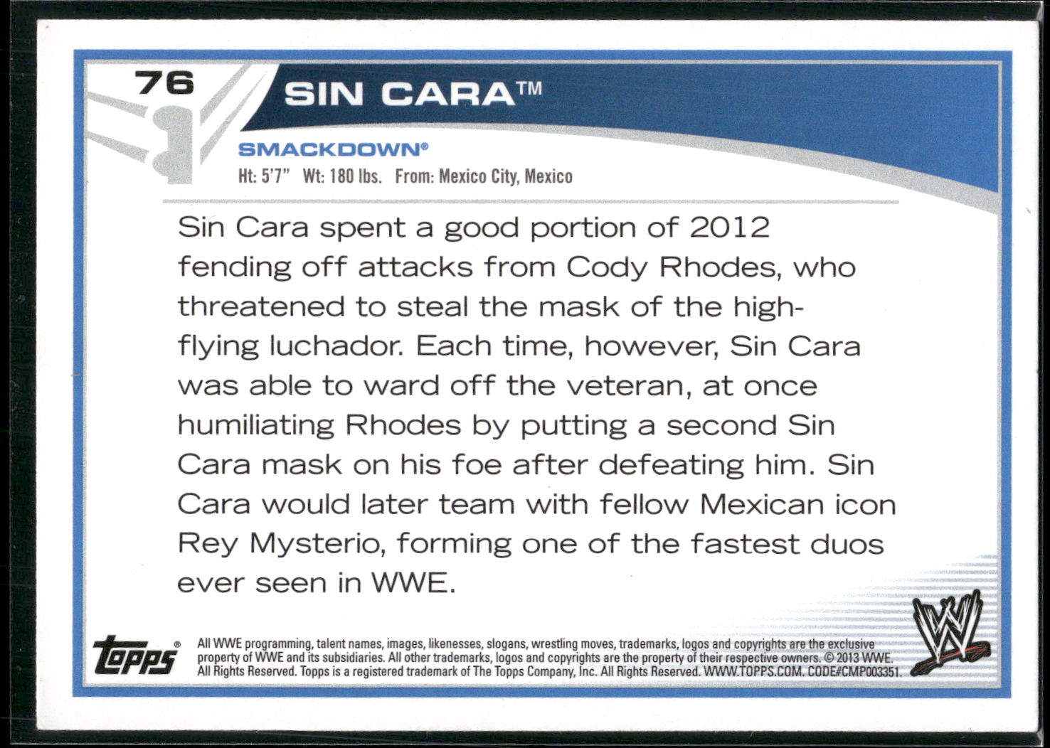 2013 Topps WWE #76 Sin Cara