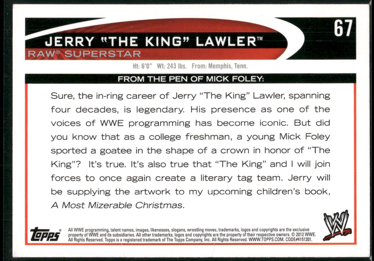 2012 Topps WWE #67 Jerry Lawler