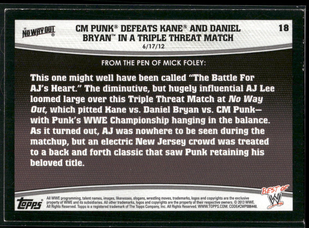 2013 Topps Best of WWE #18 CM Punk Defeats Kane and Daniel Bryan
