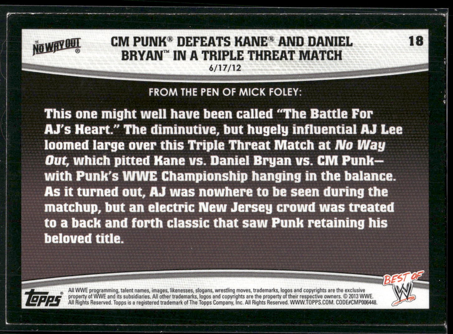 2013 Topps Best of WWE #18 CM Punk Defeats Kane and Daniel Bryan