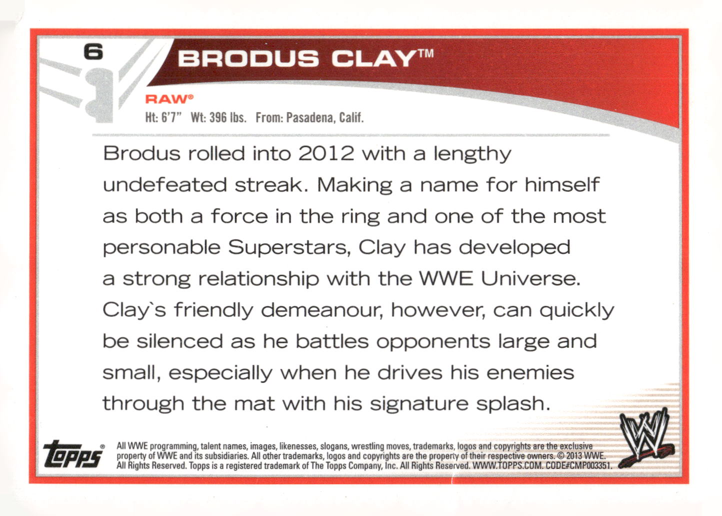 2013 Topps WWE #6 Brodus Clay