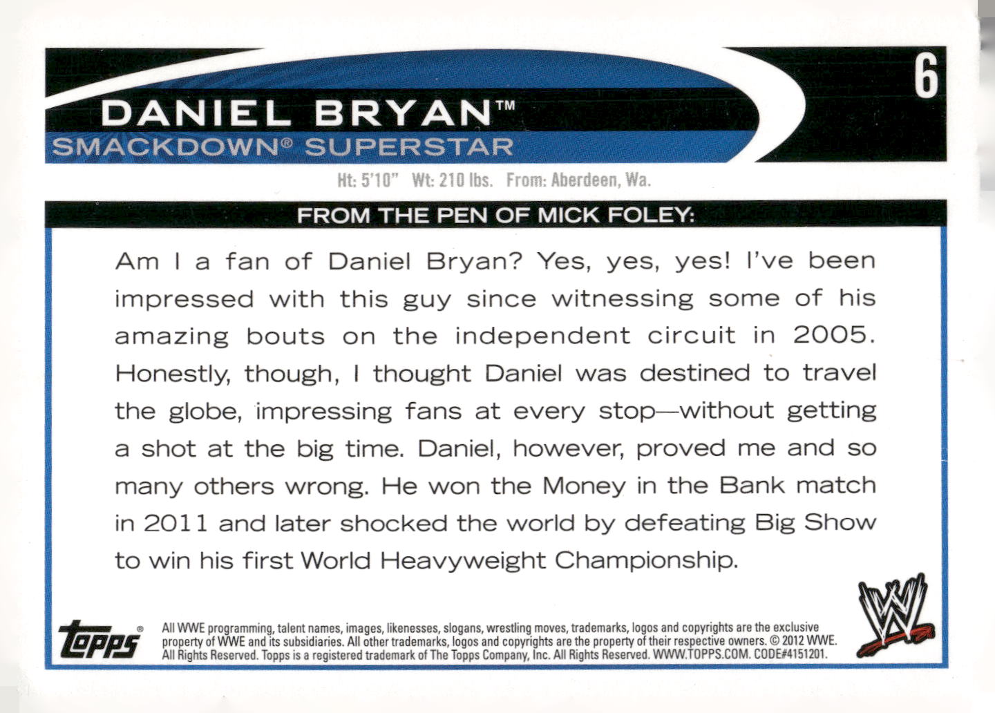 2012 Topps WWE #6 Daniel Bryan