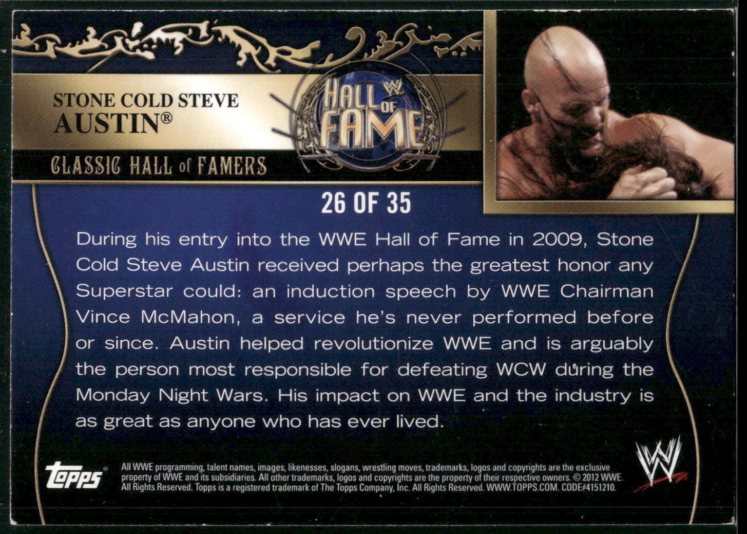 2012 Topps WWE #26 Stone Cold Steve Austin Classic Hall of Famers