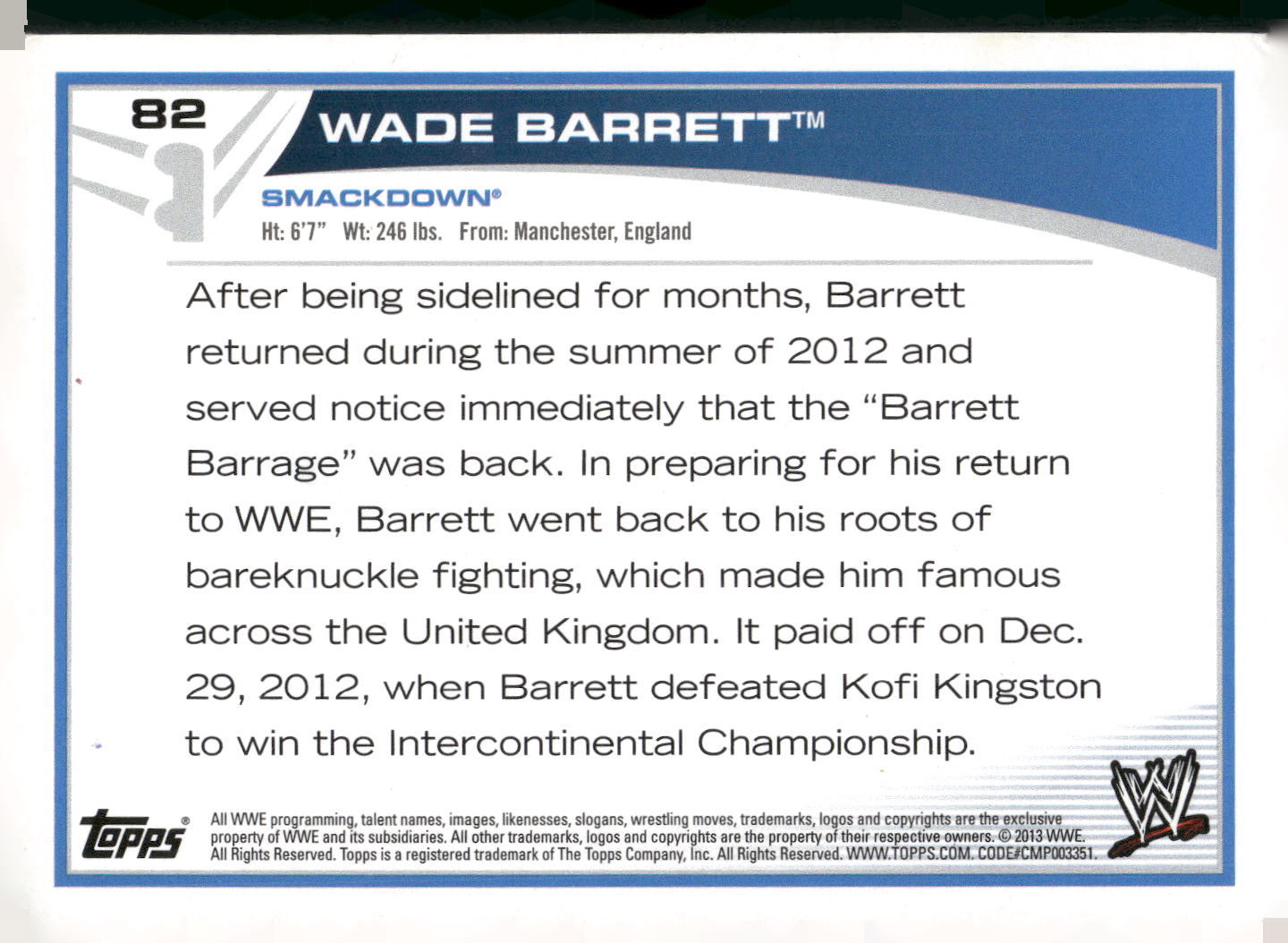 2013 Topps WWE #82 Wade Barrett