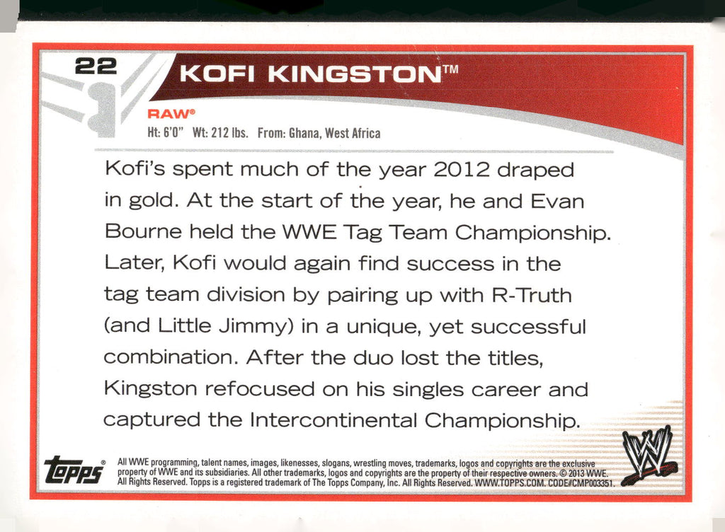 2013 Topps WWE #22 Kofi Kingston