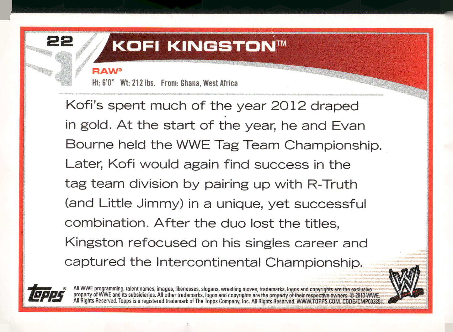 2013 Topps WWE #22 Kofi Kingston