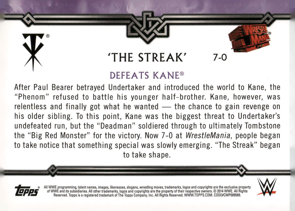 2014 Topps WWE Road to Wrestlemania #7-0 Undertaker Defeats Kane The Streak