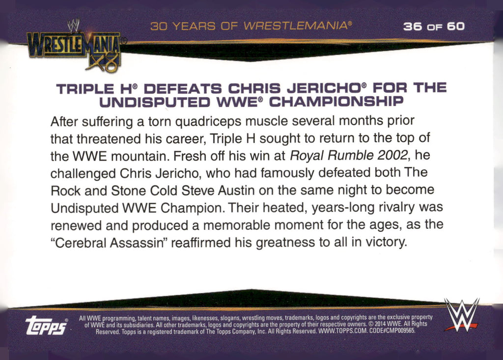2014 Topps WWE Road to Wrestlemania #36 Triple H Defeats Chris Jericho
