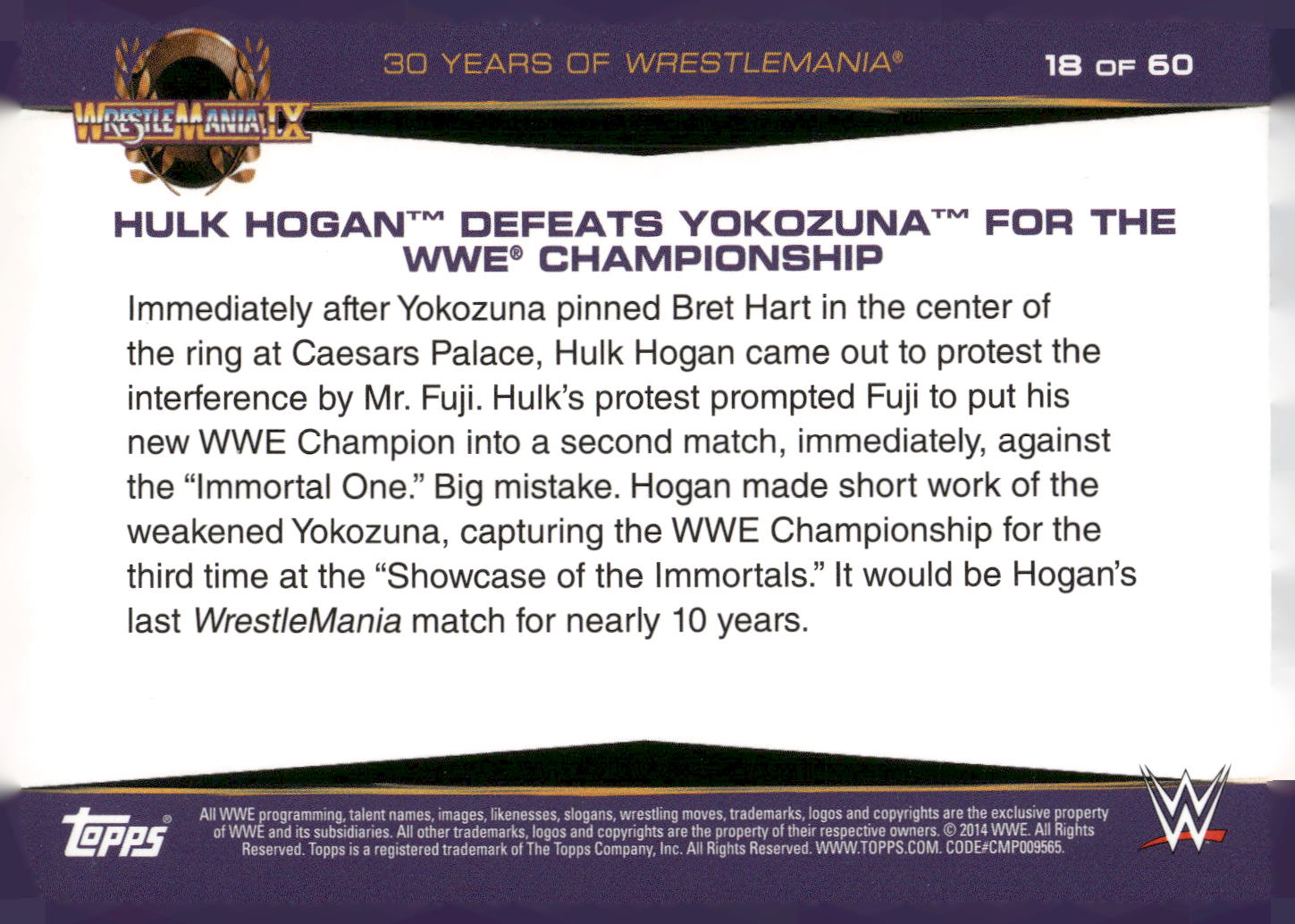 2014 Topps WWE Road to Wrestlemania #18 Hulk Hogan Defeats Yokozuna
