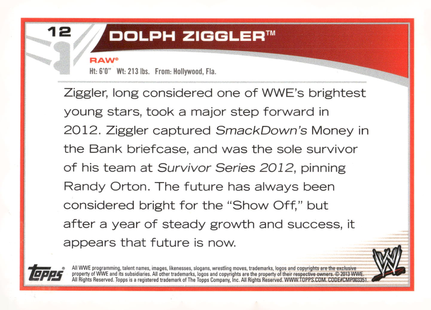 2013 Topps WWE #12 Dolph Ziggler
