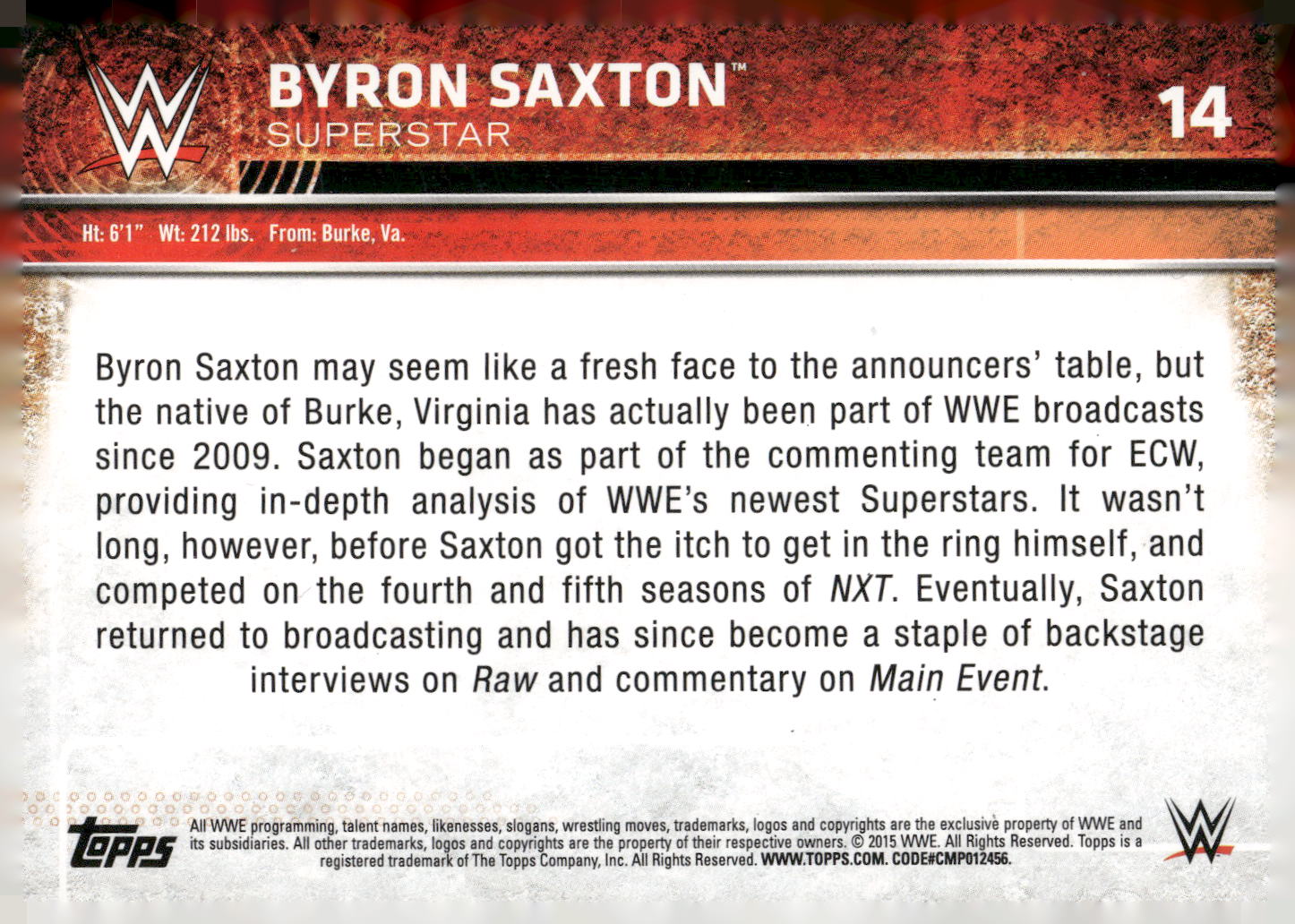 2015 Topps WWE #14 Byron Saxton