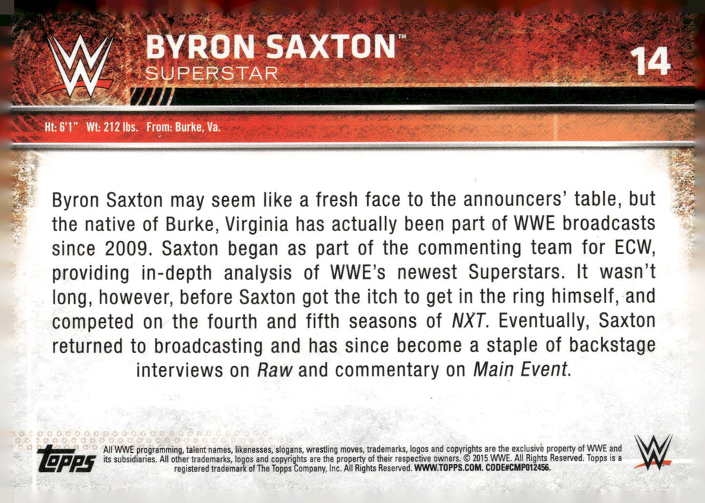 2015 Topps WWE #14 Byron Saxton