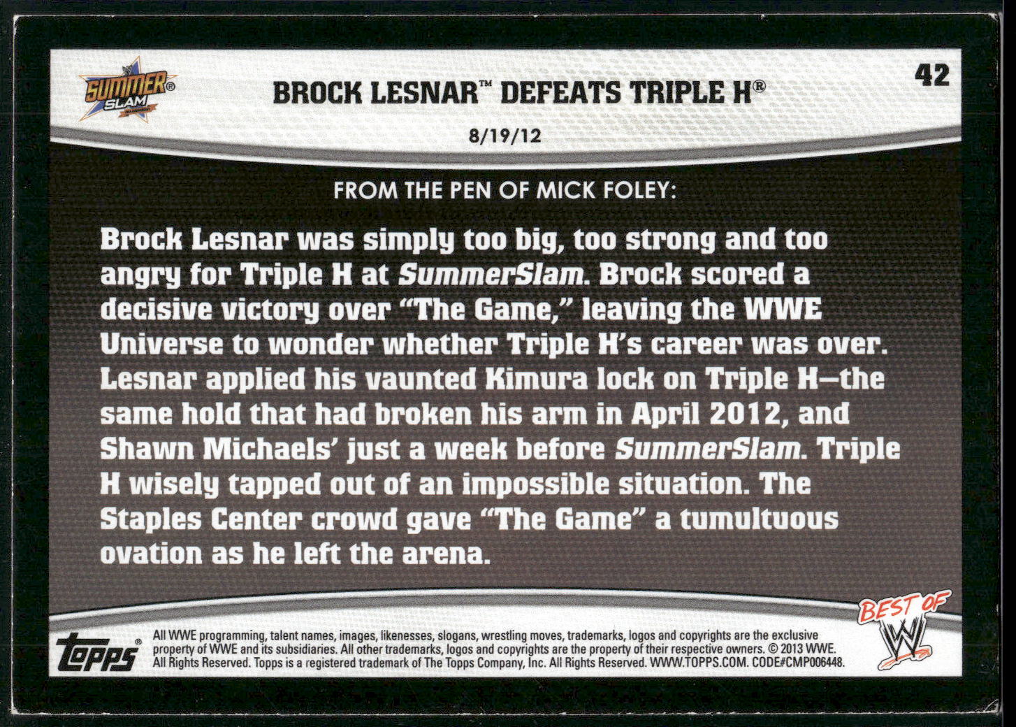 2013 Topps Best of WWE #42 Brock Lesnar Defeats Triple H